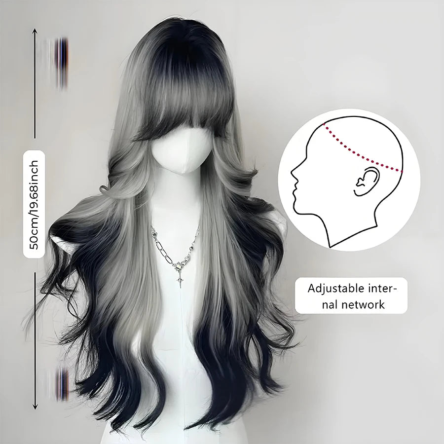 Long Body Wave Black And Gray Ombre Cosplay Wigs Heat Resistant Synthetic Wigs Bangs Natural Lolita Wigs For Women Halloween
