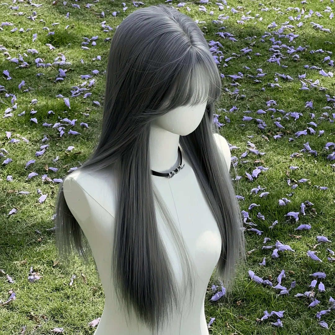 New silver gray long straight hair chemical fiber synthetic wig neat bangs matte long straight hair wig women's universal wig