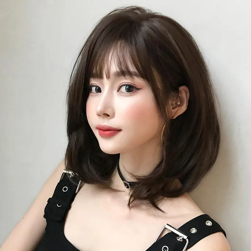 New Women's Short Hair Bob with Bangs Round Face Inward Curl Full Wig Shoulder-Length Synthetic Wig