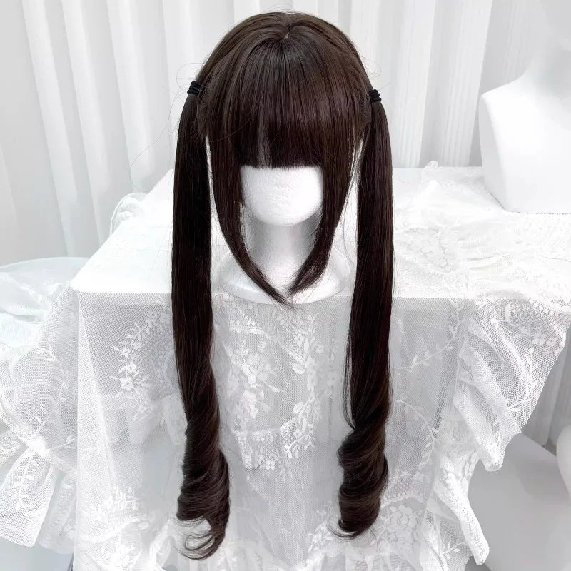 Women's Long Pigtail Wig with Air Bangs Dark Brown Heat Resistant Synthetic Hair for Daily Wear & Cosplay