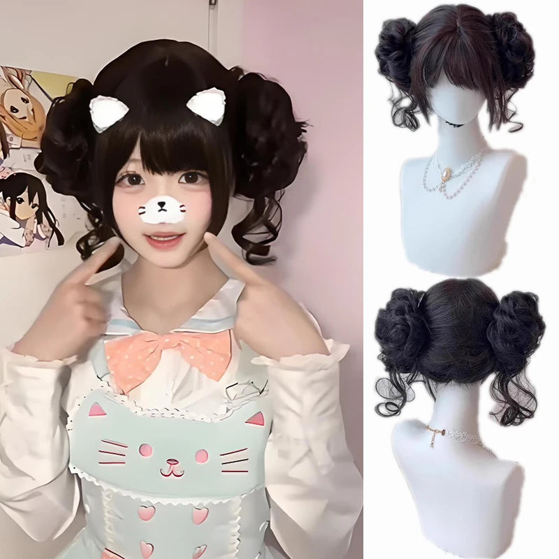 Short Wavy Curly Brown Black Wigs With Bangs Synthetic Lolita Cosplay Natural Women Hair Wig For Daily Party