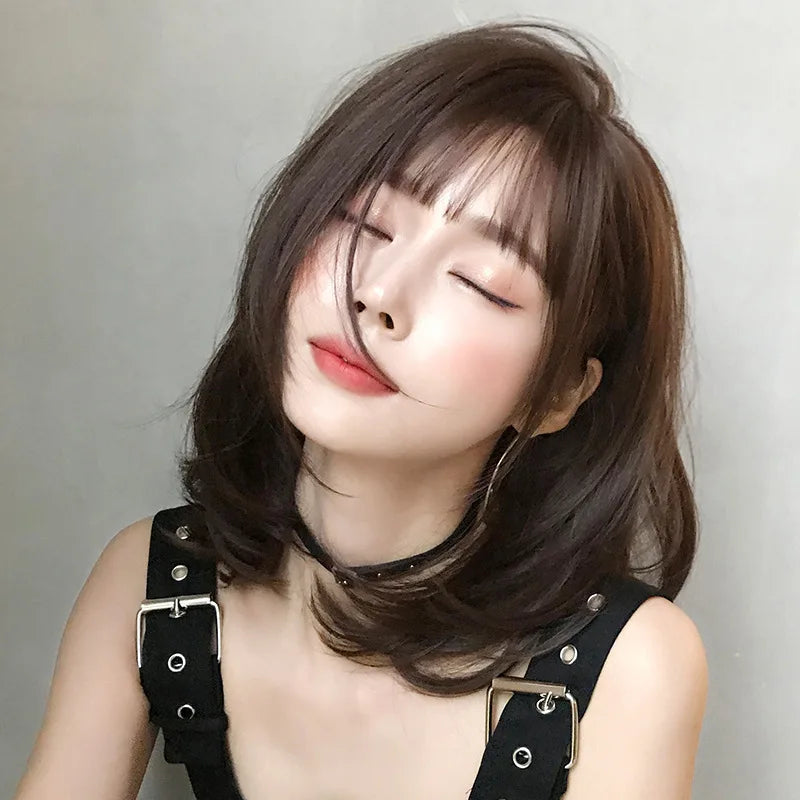 New Women's Short Hair Bob with Bangs Round Face Inward Curl Full Wig Shoulder-Length Synthetic Wig