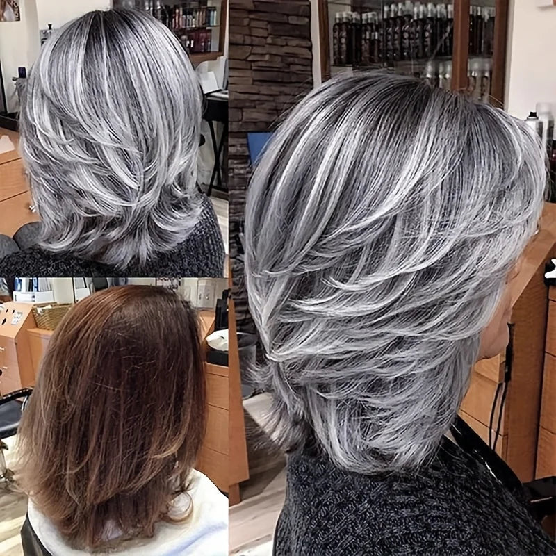 Women's silver-gray wavy short synthetic wig, perfect for daily wear