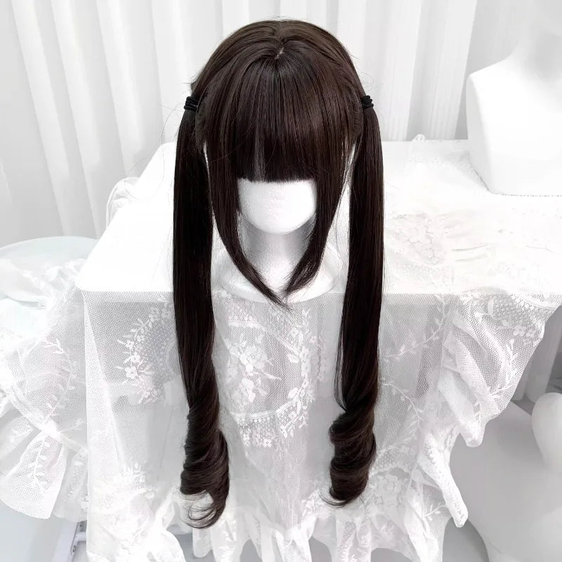 Women's Long Pigtail Wig with Air Bangs Dark Brown Heat Resistant Synthetic Hair for Daily Wear & Cosplay