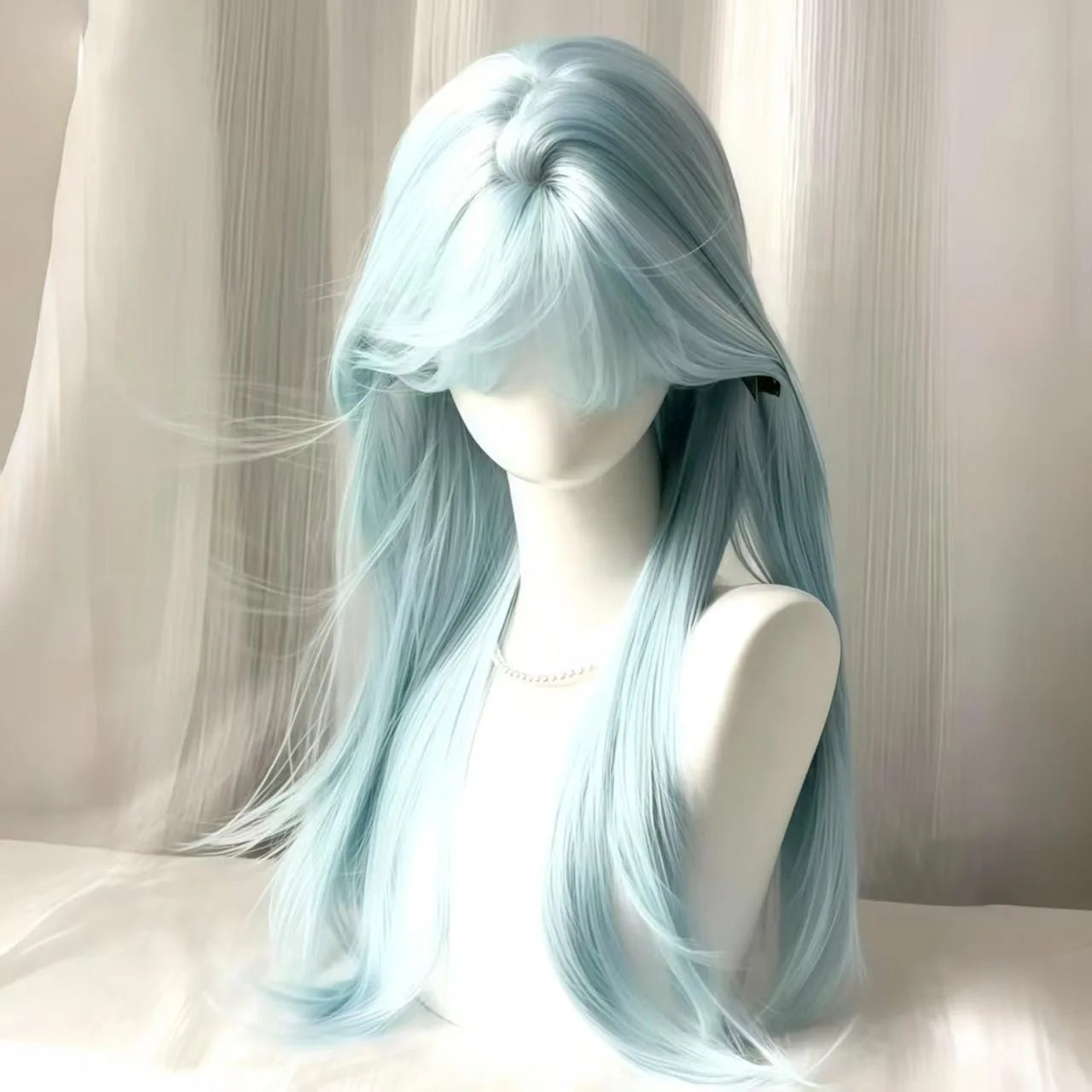 Women's Long Straight Wig with Bangs – Light Blue Synthetic Hair, Heat Resistant for Cosplay & Daily Wear