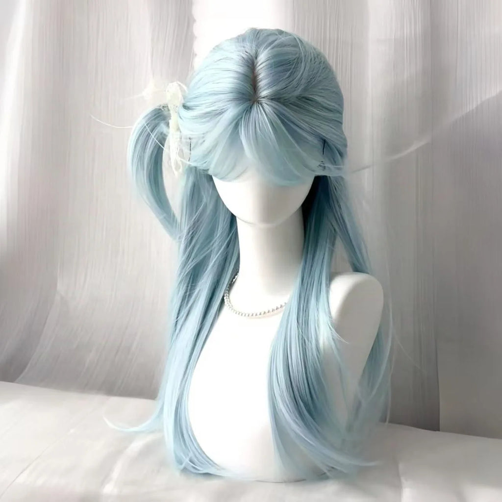 Women's Long Straight Wig with Bangs – Light Blue Synthetic Hair, Heat Resistant for Cosplay & Daily Wear