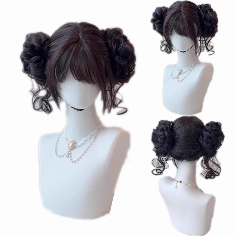 Short Wavy Curly Brown Black Wigs With Bangs Synthetic Lolita Cosplay Natural Women Hair Wig For Daily Party