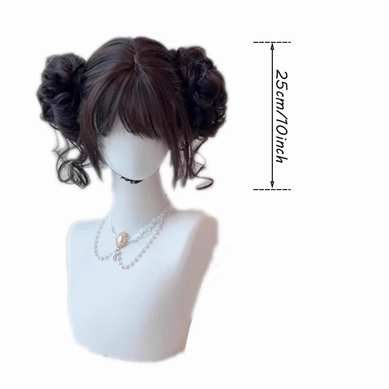 Short Wavy Curly Brown Black Wigs With Bangs Synthetic Lolita Cosplay Natural Women Hair Wig For Daily Party
