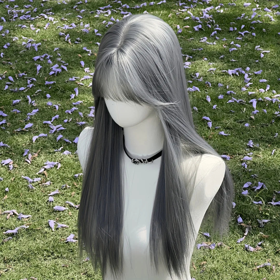 New silver gray long straight hair chemical fiber synthetic wig neat bangs matte long straight hair wig women's universal wig