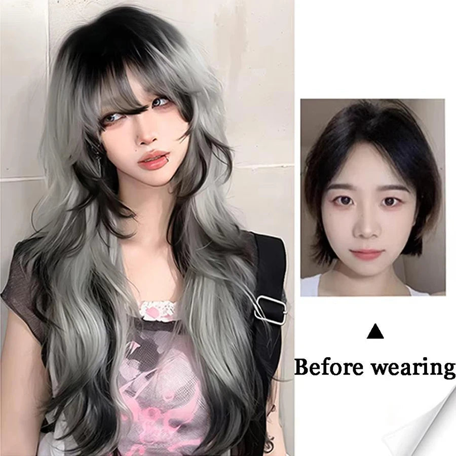 Long Body Wave Black And Gray Ombre Cosplay Wigs Heat Resistant Synthetic Wigs Bangs Natural Lolita Wigs For Women Halloween