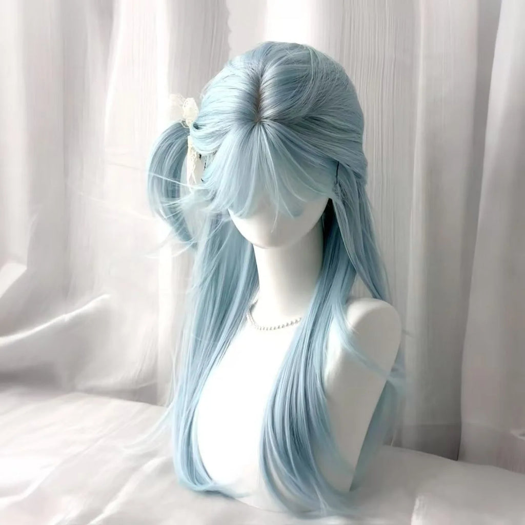 Women's Long Straight Wig with Bangs – Light Blue Synthetic Hair, Heat Resistant for Cosplay & Daily Wear