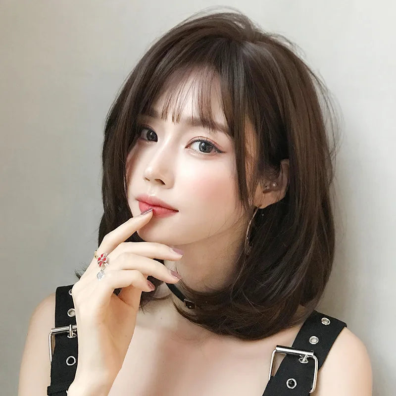 New Women's Short Hair Bob with Bangs Round Face Inward Curl Full Wig Shoulder-Length Synthetic Wig
