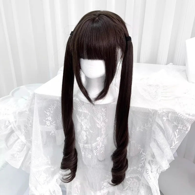 Women's Long Pigtail Wig with Air Bangs Dark Brown Heat Resistant Synthetic Hair for Daily Wear & Cosplay
